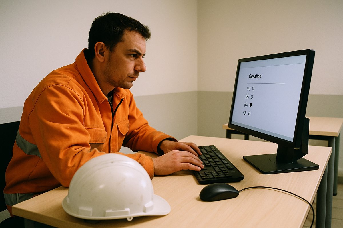 Stagiaire passant l'examen QCM AIPR sur ordinateur